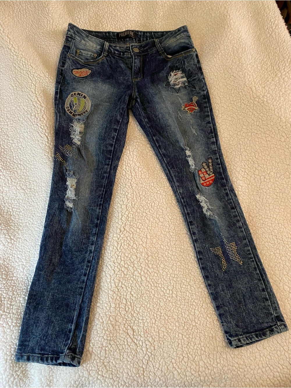 Premier Dark Wash Skinny Jeans with Embroidered Patch Accents